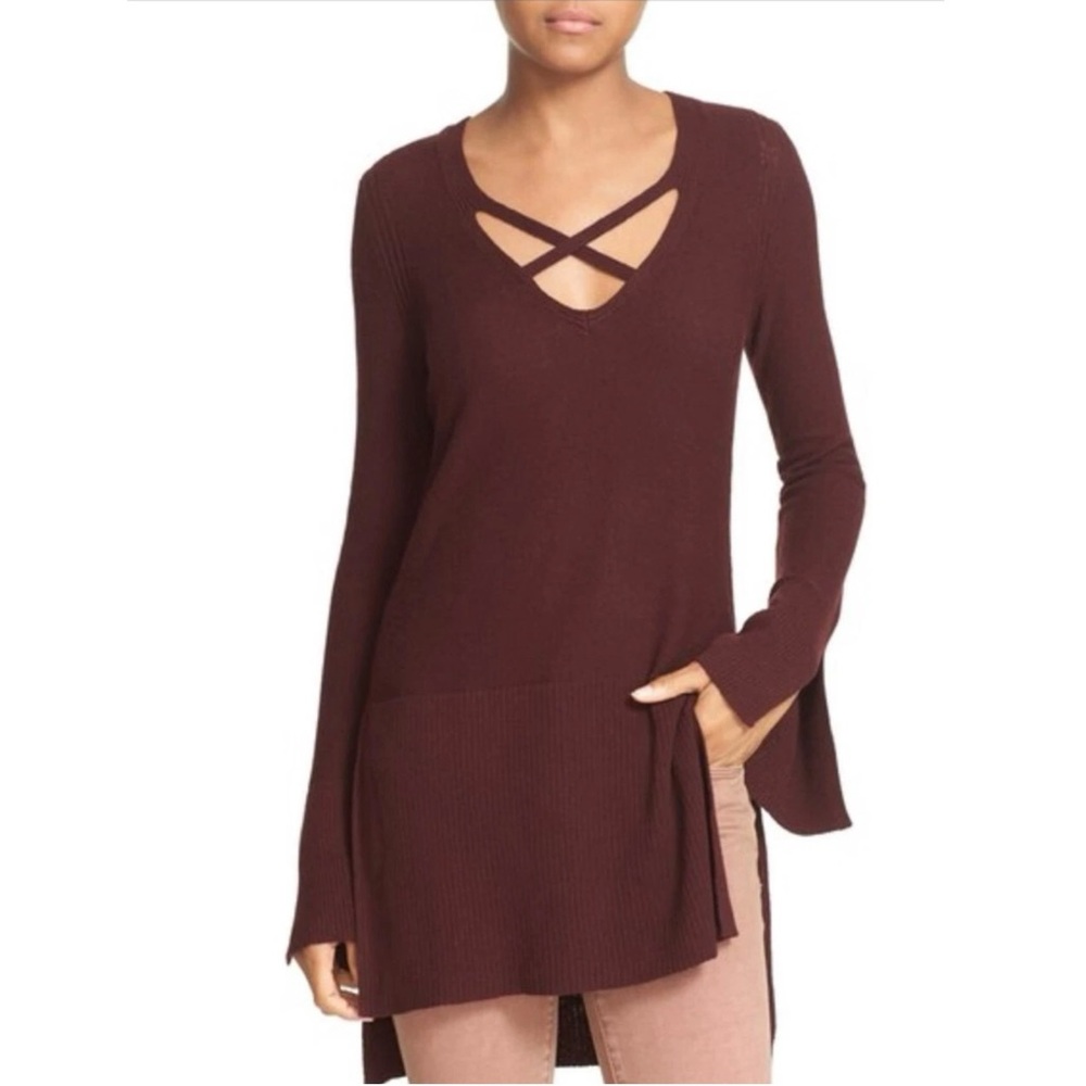 Free People Crisscross Long Sleeve Pullover V-Neck Tunic Sweater